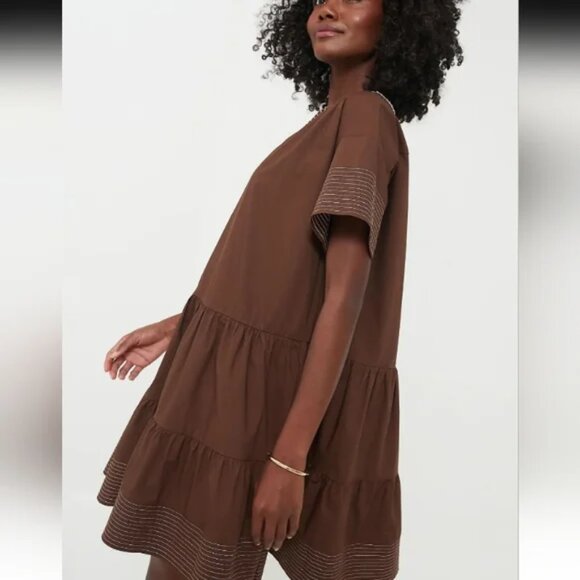 TUCKERNUCK Pomander Place Tiered Short Sleeve Kinsley Mini Dress Pockets Brwn XL - Picture 2 of 12